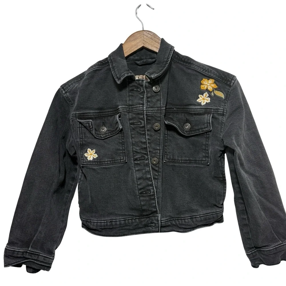 Abercrombie Kids Denim Jacket Girls Kids 9 10 Black Floral Embroidery Cropped